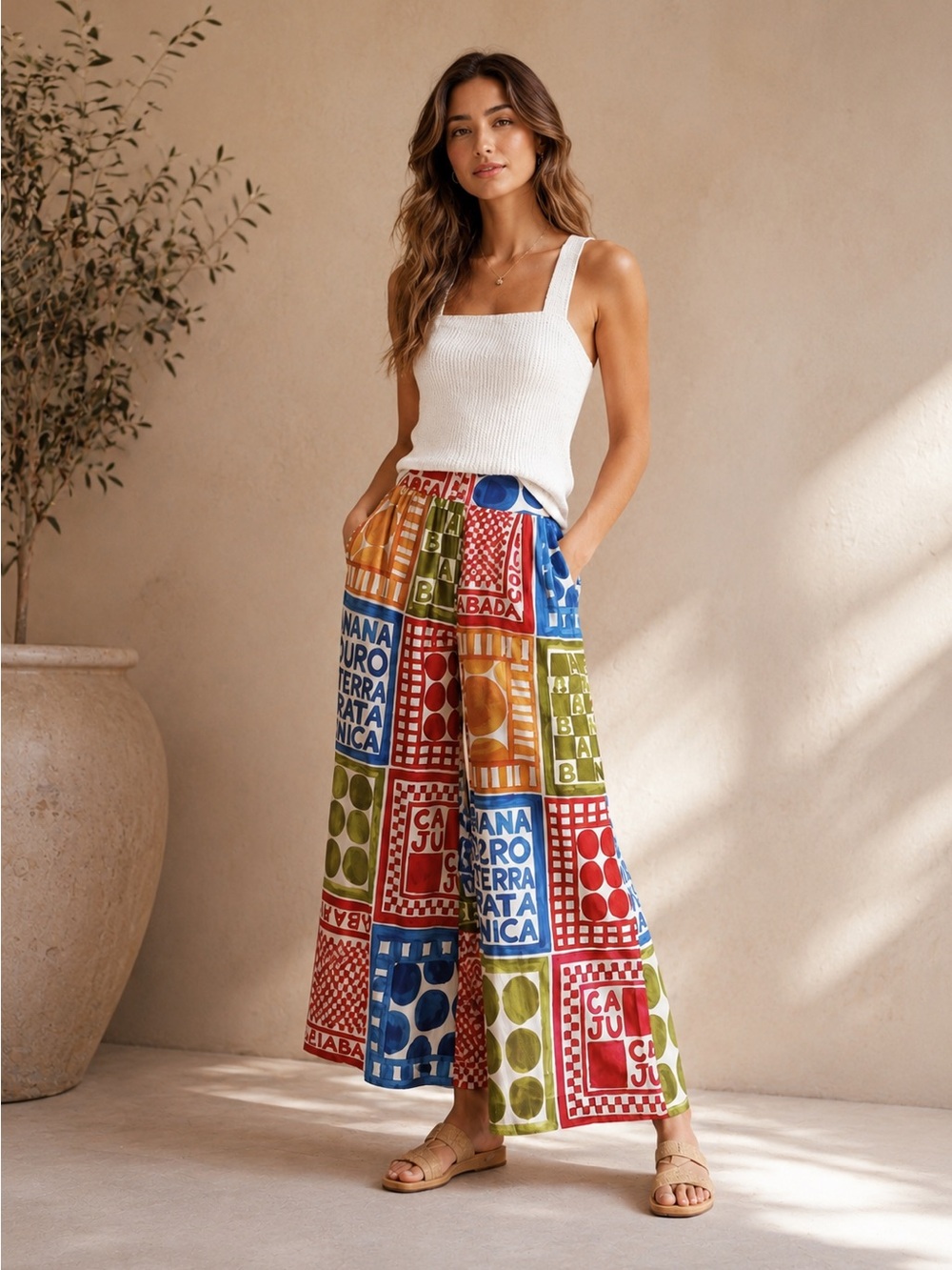 FARM Rio Selo Bananeira Linen Blend Wide Leg Pants XS Tropical Boho Colorful